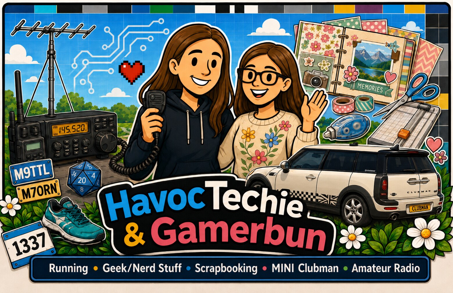 Illustration of HavocTechie and GamerBun with running, radio, gaming, craft and MINI interests